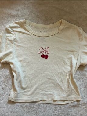 PacSun Cream Crop Top with Red Cherry Graphic